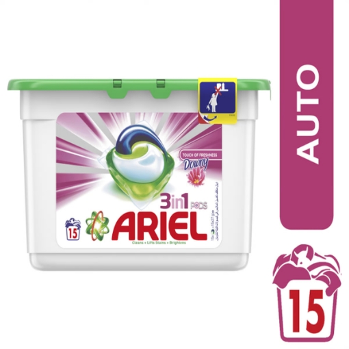 صورة إريال كبسولات غسيل 3 في 1 بلمسة داوني 15 قطعة